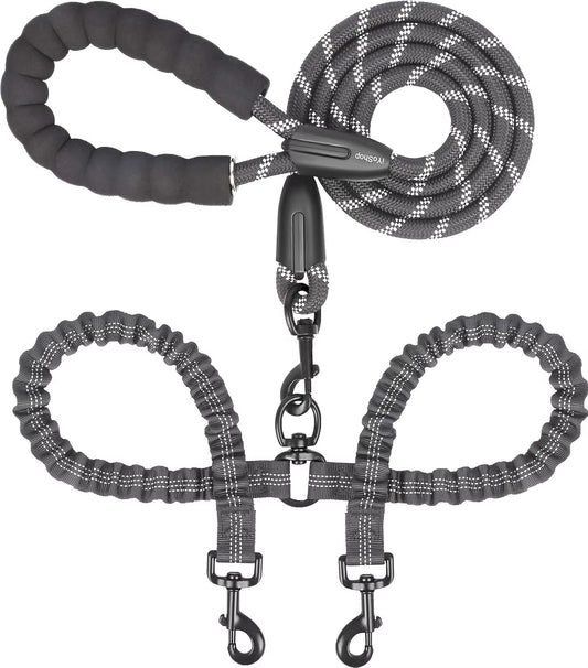 Dual Dog Leash, Double Dog Leash, 360 Swivel No Tangle Walking Leash, Shock Absorbing Bungee for Two Dogs